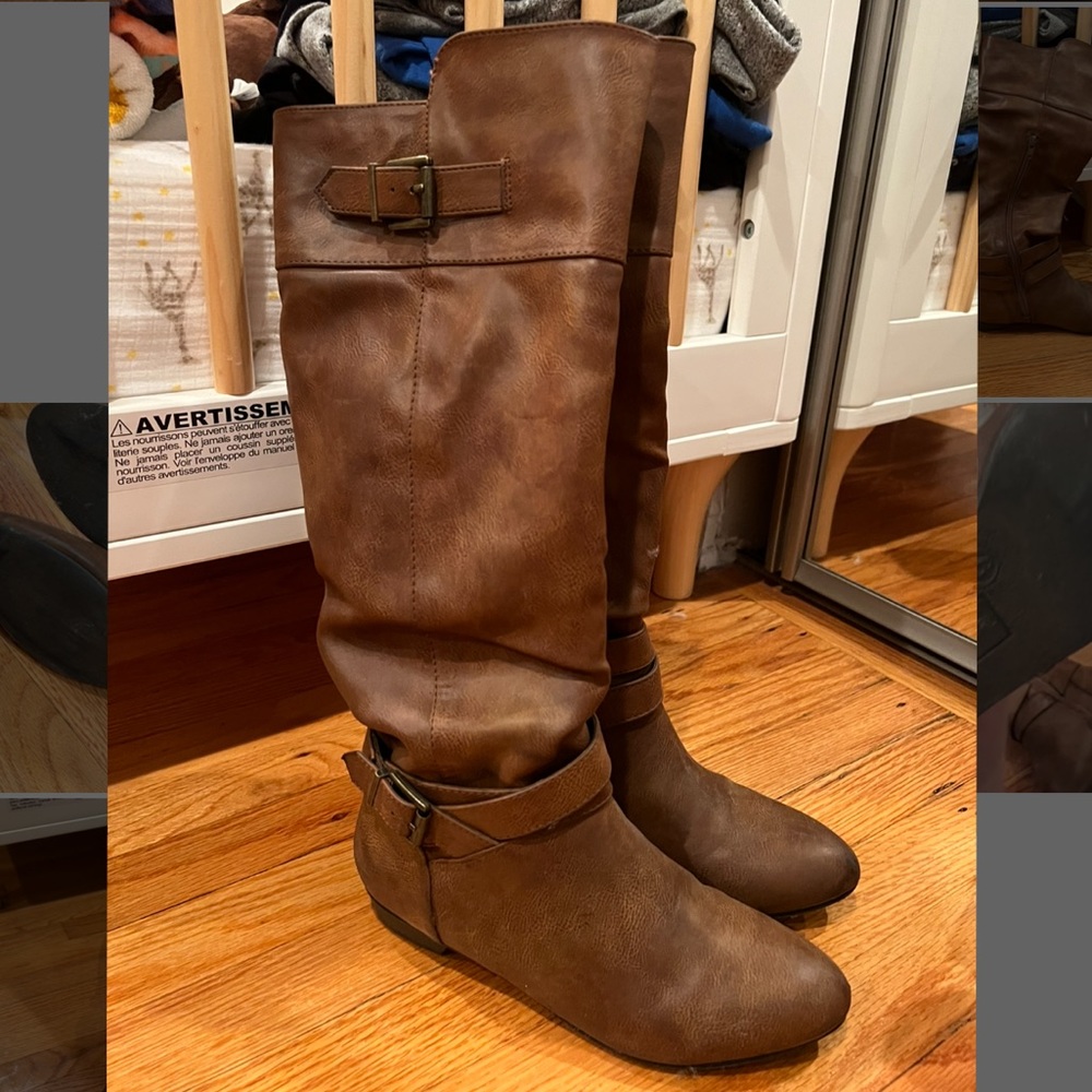 Material Girl Calf High Flat Buckle Boots